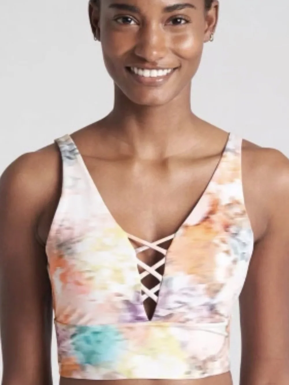 Gap fit lace front low impact watercolor floral bra l